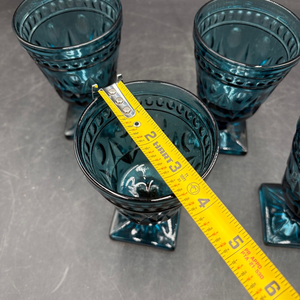 Vtg Indiana Park Lane Teal Blue Glassware 8pc Diamond Starburst Goblets Tumblers - Picture 5 of 13